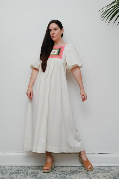 Vintage Cotton Patchwork Smock Dress – Puffy Sleeves, Boho Prairie Style, One-of-a-Kind Bodice