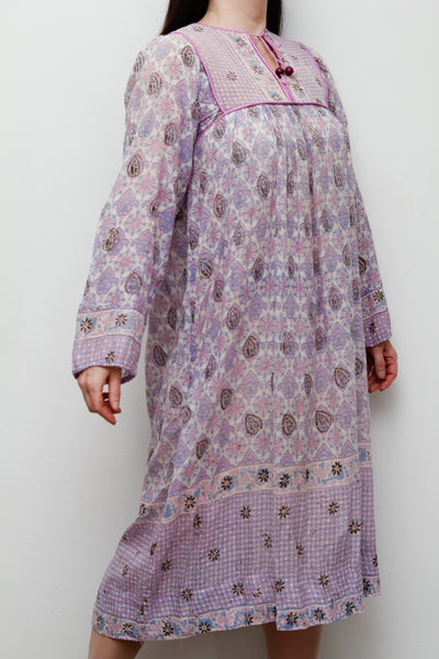 1970's Purple Indian Cotton Gauze Midi Dress