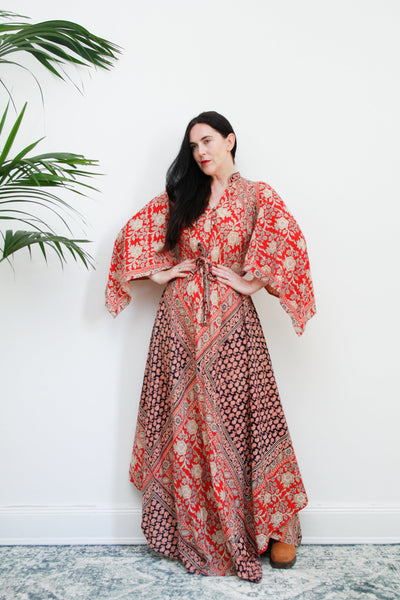 1970's Indian Cotton Block Fabric Kaftan Maxi Dress