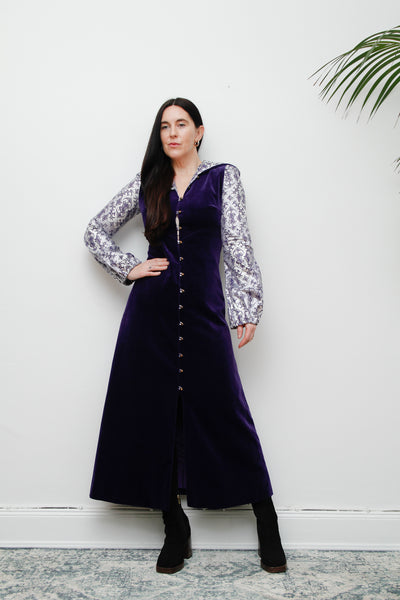 Vintage Purple Velvet Hooded Floral Maxi Dress