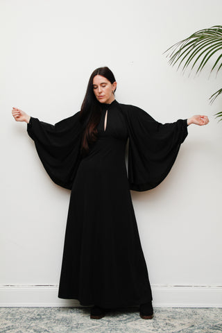 1970's Black Gothic Kaftan Sleeve Maxi Dress RARE