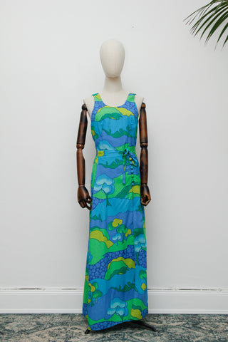Rare 1970s Cotton Playsuit & Sarong Skirt Set – Tree & Cloud Print