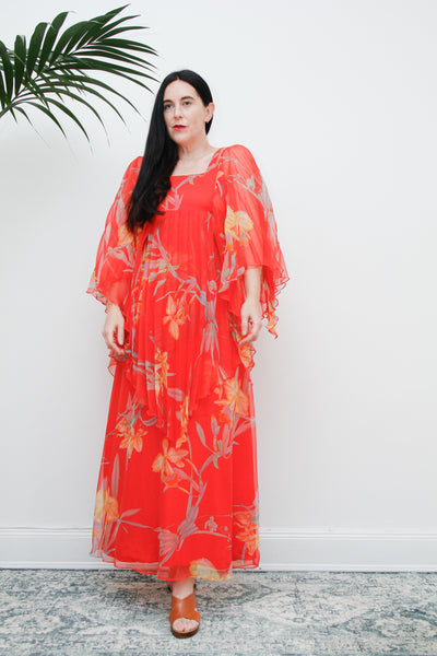 1970's Floral Pleated Accordion Kaftan Dress Rare