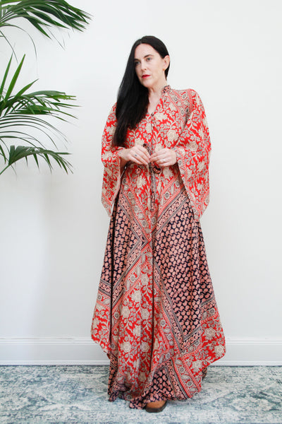 1970's Indian Cotton Block Fabric Kaftan Maxi Dress