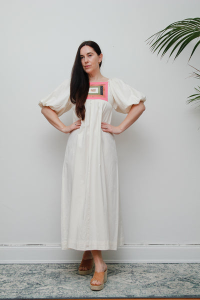 Vintage Cotton Patchwork Smock Dress – Puffy Sleeves, Boho Prairie Style, One-of-a-Kind Bodice