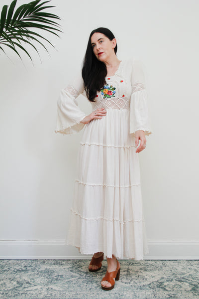 Traditional 1970's Cotton Lace Flute Sleeve Floral Dress