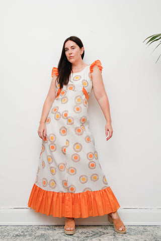 Vintage Prairie Apron Maxi Dress – Frill Straps, Floral Abstract Print, 100% Cotton Summer Style