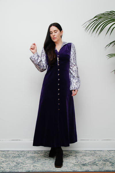 Vintage Purple Velvet Hooded Floral Maxi Dress