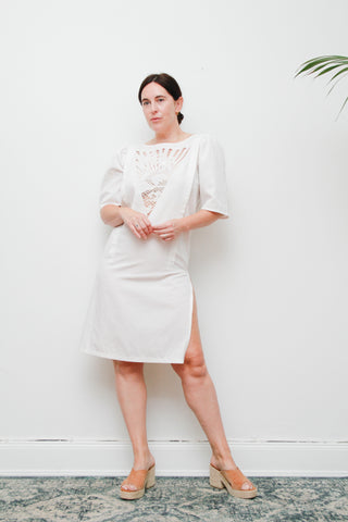1980s Vintage Sunset Palm Tree Dress | Ibiza Summer Style – Embossed Cotton Party Dress with Zip Slit