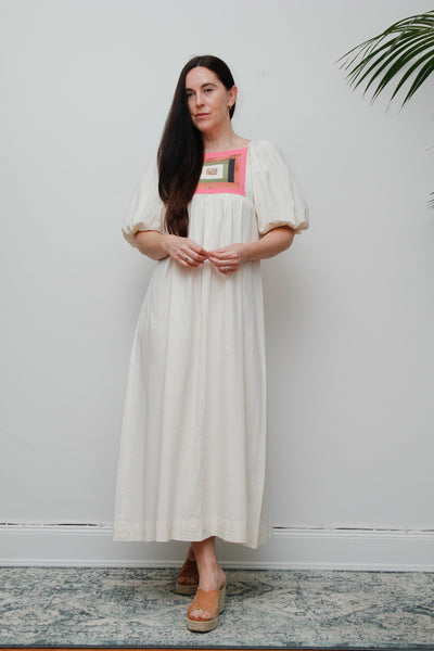 Vintage Cotton Patchwork Smock Dress – Puffy Sleeves, Boho Prairie Style, One-of-a-Kind Bodice