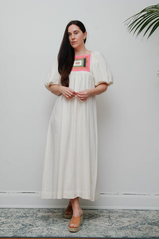 Vintage Cotton Patchwork Smock Dress – Puffy Sleeves, Boho Prairie Style, One-of-a-Kind Bodice