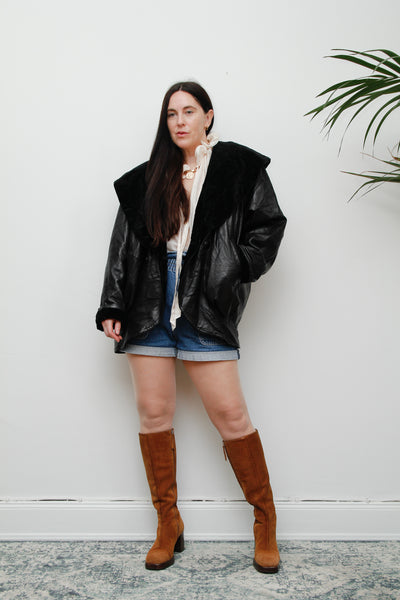 1980's Vintage Black Leather Velvet Hooded Jacket