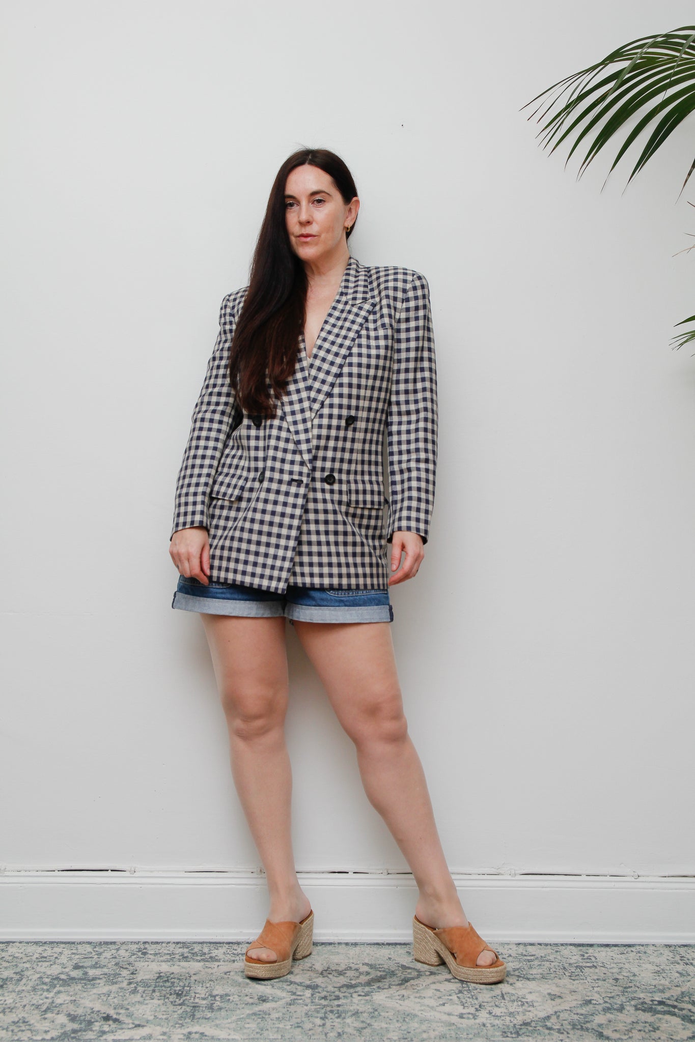 Vintage Gingham Cotton Blazer – Double Breasted, Oversized Fit, Fitted Shoulders, Linen