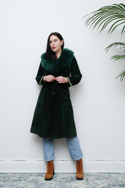 1970's Green Suede Penny Lane Sheepskin Trench Coat