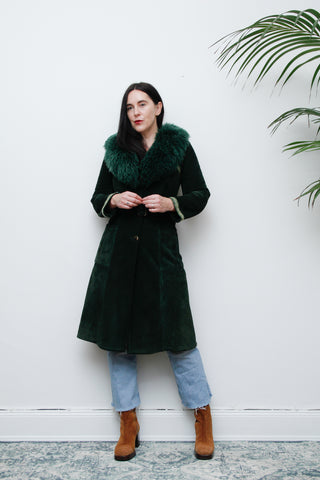 1970's Green Suede Penny Lane Sheepskin Trench Coat