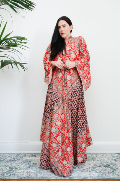 1970's Indian Cotton Block Fabric Kaftan Maxi Dress