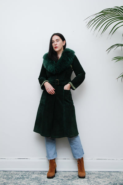 1970's Green Suede Penny Lane Sheepskin Trench Coat