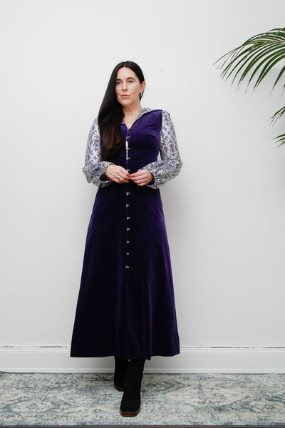 Vintage Purple Velvet Hooded Floral Maxi Dress