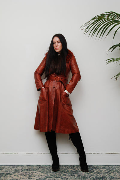 1970's Afghan Penny Lane Fur Collar Burnt Orange Leather Coat