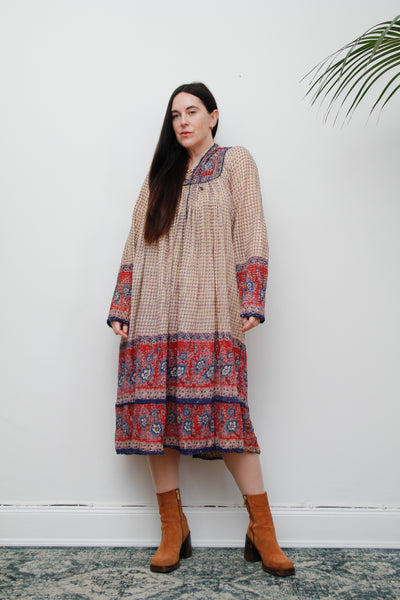 1970's Indian Cotton Tissue Lurex Smock Dress