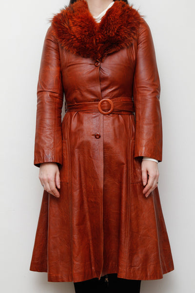 1970's Afghan Penny Lane Fur Collar Burnt Orange Leather Coat