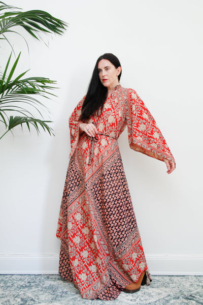 1970's Indian Cotton Block Fabric Kaftan Maxi Dress