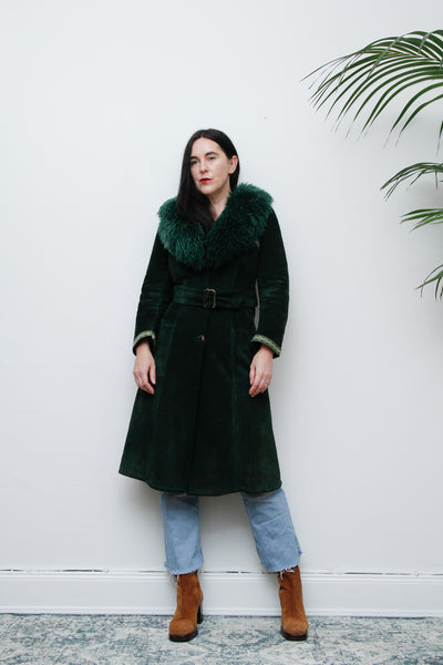 1970's Green Suede Penny Lane Sheepskin Trench Coat