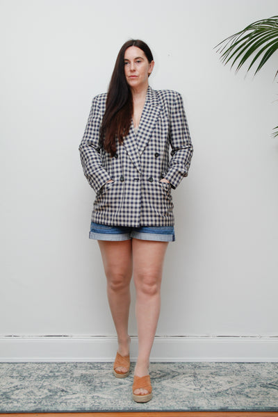 Vintage Gingham Cotton Blazer – Double Breasted, Oversized Fit, Fitted Shoulders, Linen