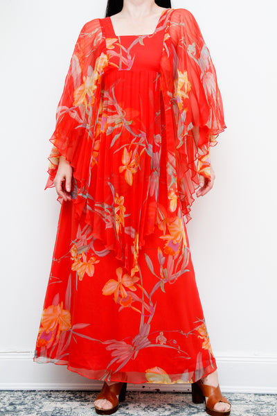 1970's Floral Pleated Accordion Kaftan Dress Rare