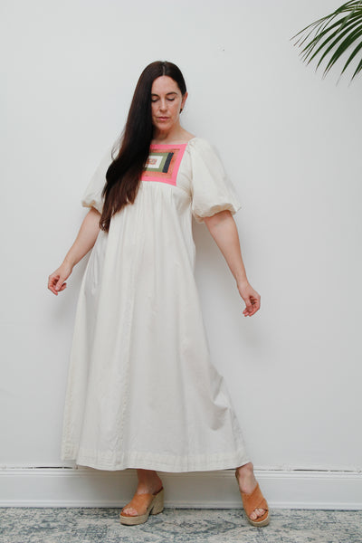 Vintage Cotton Patchwork Smock Dress – Puffy Sleeves, Boho Prairie Style, One-of-a-Kind Bodice
