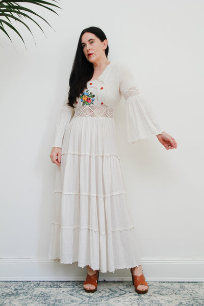 Traditional 1970's Cotton Lace Flute Sleeve Floral Dress