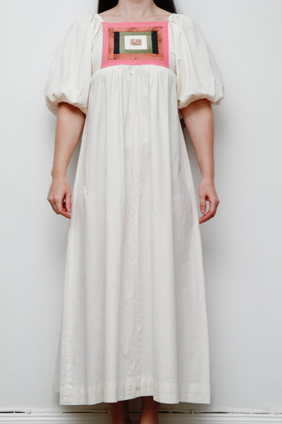 Vintage Cotton Patchwork Smock Dress – Puffy Sleeves, Boho Prairie Style, One-of-a-Kind Bodice