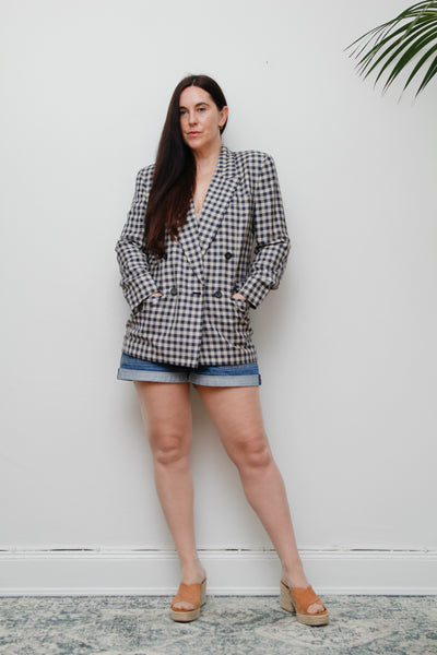 Vintage Gingham Cotton Blazer – Double Breasted, Oversized Fit, Fitted Shoulders, Linen