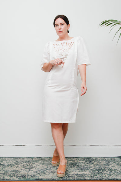 1980s Vintage Sunset Palm Tree Dress | Ibiza Summer Style – Embossed Cotton Party Dress with Zip Slit