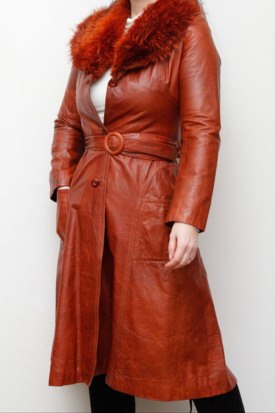 1970's Afghan Penny Lane Fur Collar Burnt Orange Leather Coat