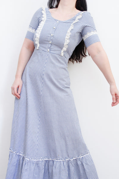 1970's Vintage Gingham Cotton Prairie Maxi Dress