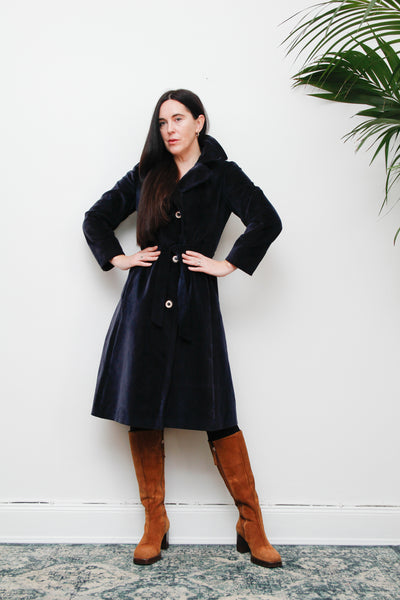 1970's Blue Velvet Belted Trench Coat