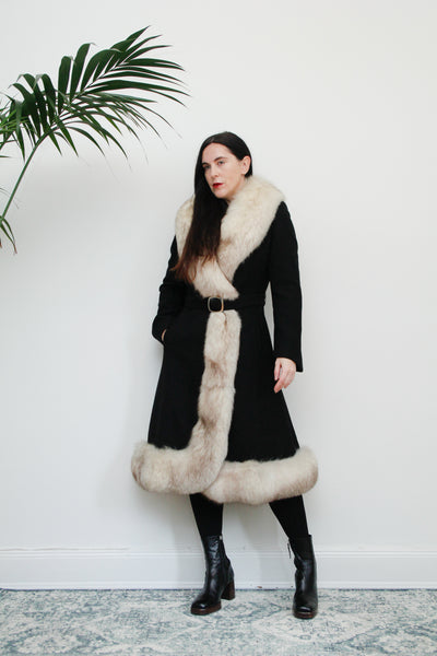 Vintage Black Wool Fox Fur Princess Coat