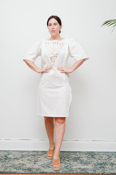 1980s Vintage Sunset Palm Tree Dress | Ibiza Summer Style – Embossed Cotton Party Dress with Zip Slit