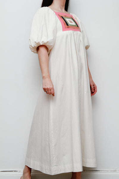Vintage Cotton Patchwork Smock Dress – Puffy Sleeves, Boho Prairie Style, One-of-a-Kind Bodice