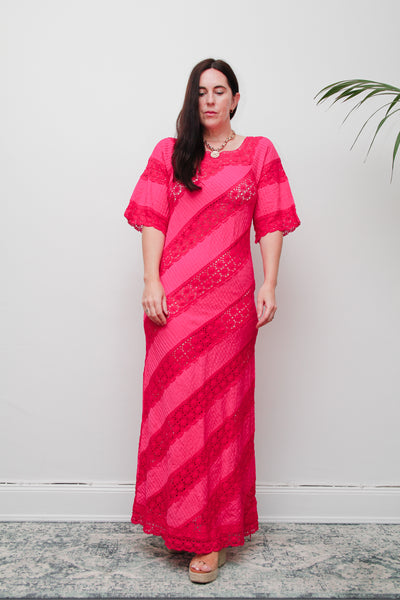 Vintage Mexican Fuchsia Pink Cotton Maxi Dress – Bohemian Lace