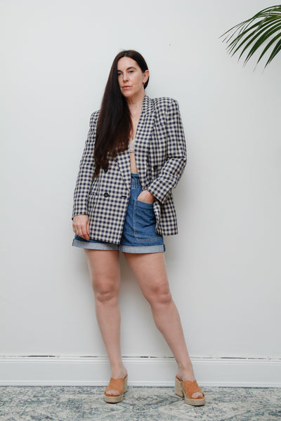Vintage Gingham Cotton Blazer – Double Breasted, Oversized Fit, Fitted Shoulders, Linen