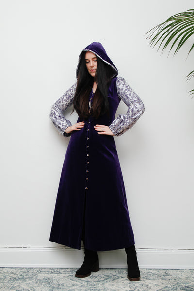 Vintage Purple Velvet Hooded Floral Maxi Dress