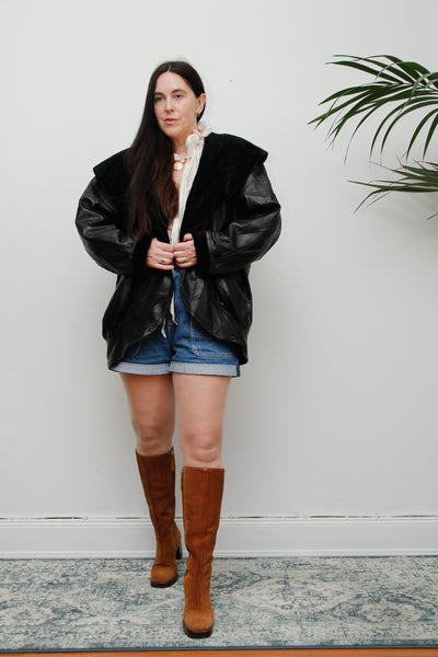 1980's Vintage Black Leather Velvet Hooded Jacket