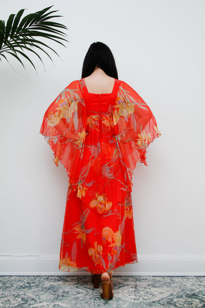 1970's Floral Pleated Accordion Kaftan Dress Rare