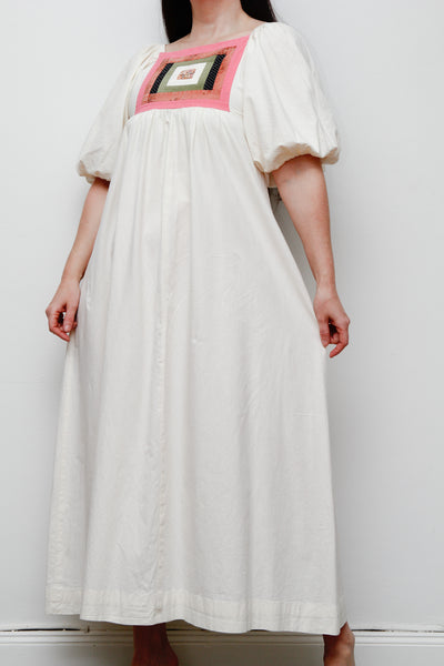 Vintage Cotton Patchwork Smock Dress – Puffy Sleeves, Boho Prairie Style, One-of-a-Kind Bodice