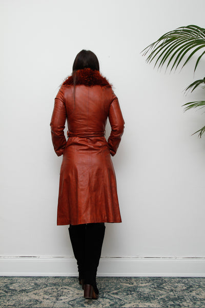 1970's Afghan Penny Lane Fur Collar Burnt Orange Leather Coat