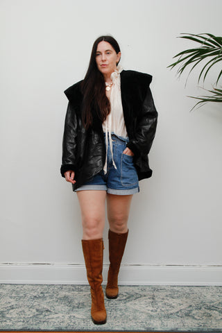 1980's Vintage Black Leather Velvet Hooded Jacket