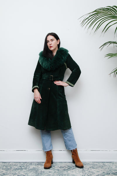 1970's Green Suede Penny Lane Sheepskin Trench Coat