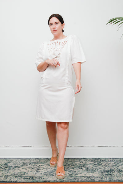 1980s Vintage Sunset Palm Tree Dress | Ibiza Summer Style – Embossed Cotton Party Dress with Zip Slit